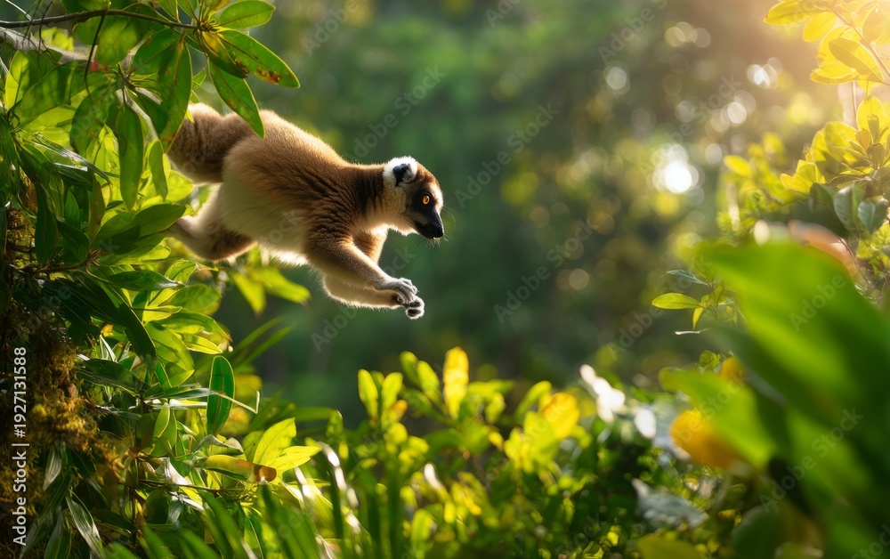 Obraz premium A Lemur Leaps Through the Vibrant Lush Canopy of a Rainforest