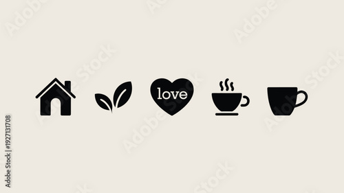 Minimalist icon set featuring house and leaf vector illustration, flat design symbols