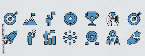 collection of successful goal icons in multiple styles for ranking professional achievements, featuring diverse victory and target symbols for career status levels.