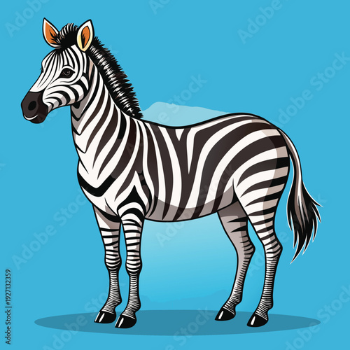 Create a highly detailed vector illustration of a zebra, with bold black and white stripes, showcasing its muscular build and natural elegance. The zebra should have intricate fur textures and precise