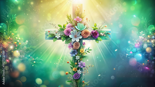 Colorful floral cross with radiant light in vibrant background  