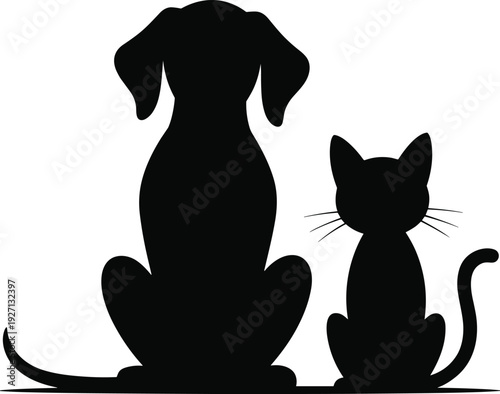 Black dog and cat silhouettes sitting together isolated on white background, pet care icon, domestic animals friendship symbol, minimalist vector.