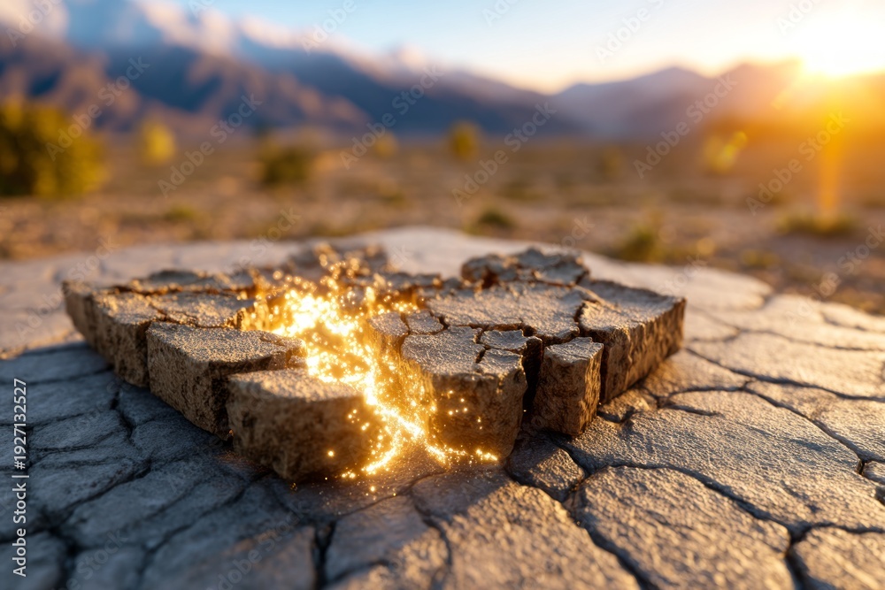 Fototapeta premium Luminous Cracked Earth on Arid Plateau at Sunset with Mountains in Background