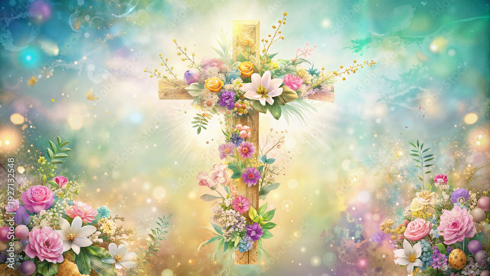 Fototapeta premium Floral cross with colorful flowers on glowing background 