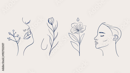 Minimalist line art illustration featuring faces and floral elements in dark blue against beige