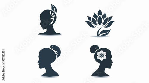 Silhouettes of women with floral or natural adornments and a flower