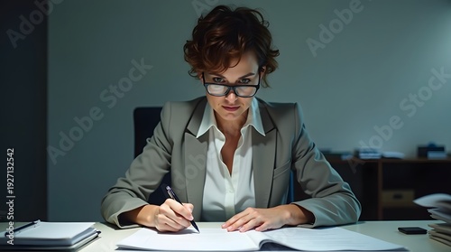 Wallpaper Mural Focused young woman in a suit diligently reviewing documents at her desk, surrounded by papers in a dimly lit office. Torontodigital.ca