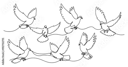 Minimalist continuous line drawing of a flock of flying doves representing peace and freedom