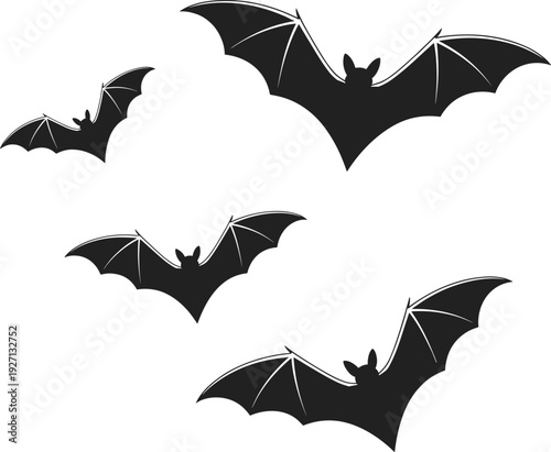 Black flying bats silhouette group isolated on white background, spooky nocturnal mammals swarm for Halloween design, dark mystery animal wing icons..eps
