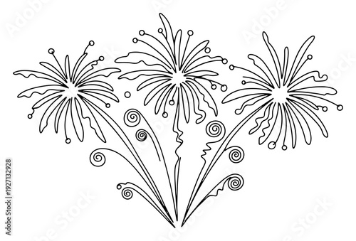 Minimalist continuous line drawing of exploding fireworks or dandelion flowers in bloom