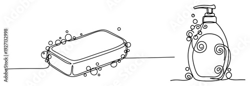 Single line art vector illustration of a bar of soap with bubbles and liquid dispenser