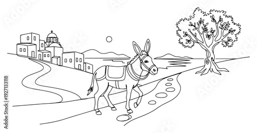 Beautiful Greek island landscape with donkey and traditional houses in continuous line art style