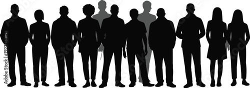 Black group of people silhouettes isolated on white background, diverse crowd standing together, community team meeting, social public gathering icon.