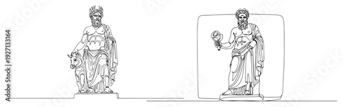 Continuous line drawing of ancient Greek god statues representing mythology and classical art