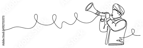 Minimalist one line art of a musician in turban playing a traditional long horn instrument