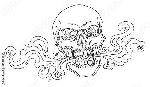 Hand drawn line art of a human skull with flowing smoke or vapor coming from mouth and eyes