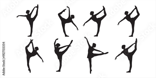 Silhouette set of female gymnast and ballerina in flexible dance poses for elegant movement illustration