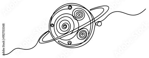 Minimalist continuous line drawing of planet Saturn with rings and decorative spiral patterns