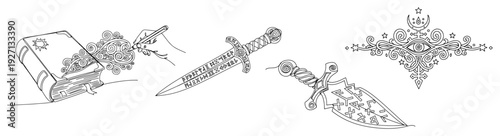 Set of magic fantasy items including a spell book feather pen and ornate runic daggers
