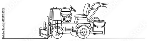 Continuous one line drawing of a small utility tractor or professional garden mower machine