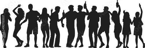 Black silhouettes of people partying and dancing isolated on white background, group celebrating with drinks, energetic nightlife and social gathering.