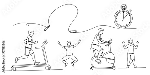 Continuous line art showing people exercising with treadmill jump rope and stationary bike