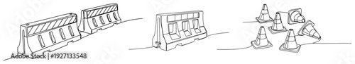 One line drawing of road construction safety equipment including barriers and traffic cones