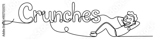 One line drawing of a person performing abdominal crunches with typography text