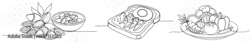 Single line art illustration of healthy food including nuts avocado toast and fresh vegetables