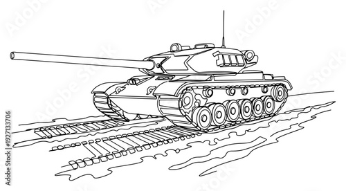 Simple line art vector illustration of a modern military tank driving on a dirt road