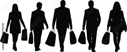 Black silhouettes of people walking with shopping bags isolated on white background, group of shoppers, retail consumerism and seasonal sale.