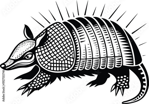Create a detailed vector illustration of an armadillo in side profile, featuring segmented armored plates with intricate linework and fine texture. Use bold black outlines, high-contrast monochrome sh
