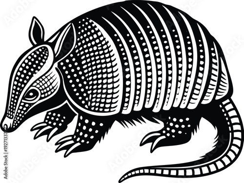 Create a detailed vector illustration of an armadillo in side profile, featuring segmented armored plates with intricate linework and fine texture. Use bold black outlines, high-contrast monochrome sh