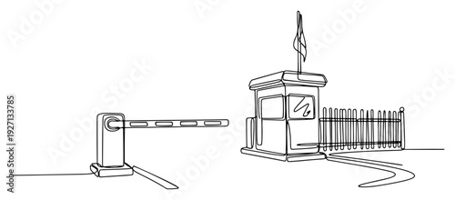 Minimalist line drawing of a security checkpoint barrier and guard house