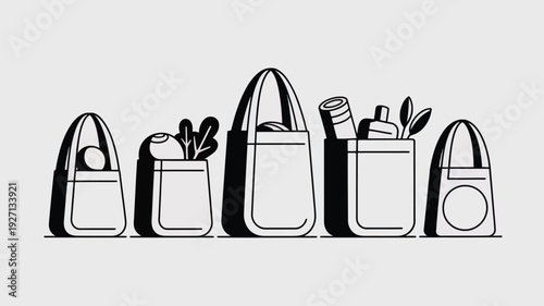 Minimalist line art illustration of reusable shopping bags vector illustration