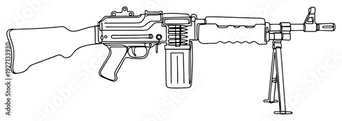 One continuous line drawing of a military machine gun with a bipod stand