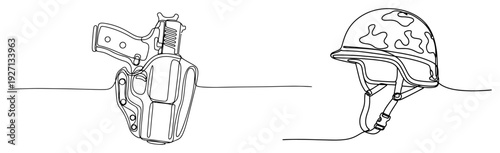 Continuous line art vector of a handgun in a holster and a military helmet