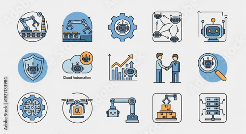 Collection of technology and industry icons representing automation and data.