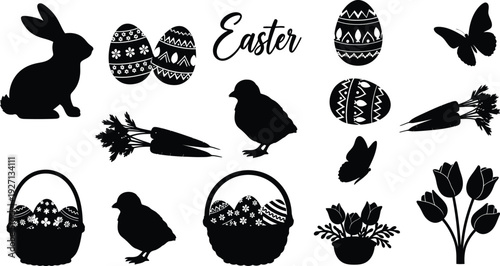 Easter silhouette graphics with bunny eggs and spring flowers