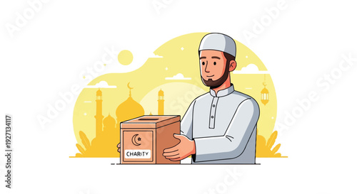 Muslim man donating charity box for zakat in Ramadan during Islamic festival with mosque background