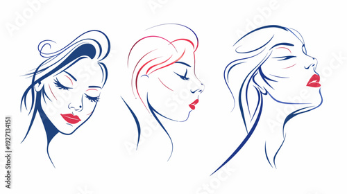 Three stylized female portraits, featuring closed eyes and bright red lips, rendered in blue and red