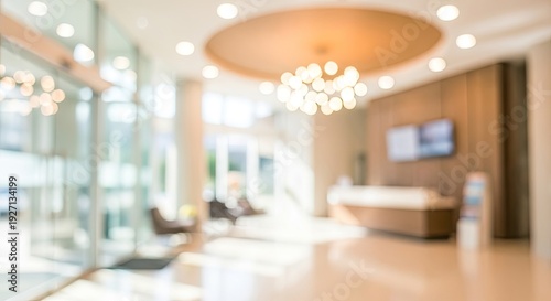 Blurred background of a modern office lobby and reception area.