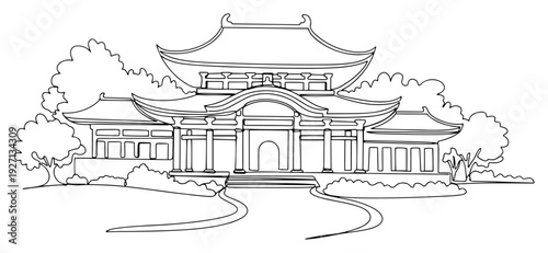 Detailed line art vector illustration of a traditional japanese temple pagoda architecture