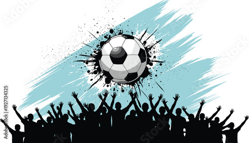 Dynamic soccer illustration showing a cheering crowd silhouette with a soccer ball and abstract splash background for sports