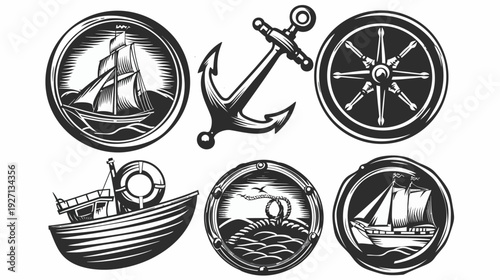 Monochromatic nautical illustrations featuring a sailboat, anchor, ship wheel, boat, and harbor elements