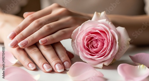Wallpaper Mural Woman's hands with manicured nails and pink rose petals surrounding a rose flower on a surface viewed closely Torontodigital.ca