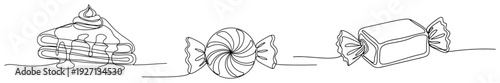 Minimalist line art illustration of wrapped candies and a slice of cake