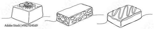 One line drawing of various sweets including chocolate praline nougat and candy bar