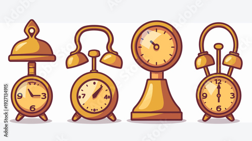 Four stylized antique alarm clocks, various designs and shapes, with golden finish