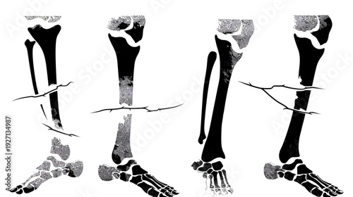 Four stylized renderings of human lower leg and foot skeletal structures, black and white
